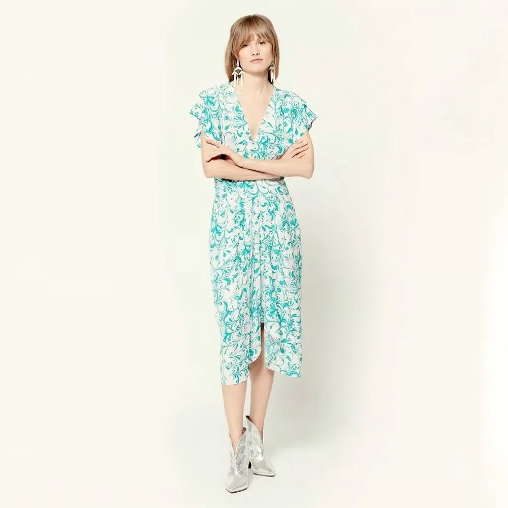 Isabel Marant Etoile Omeya Abstract Print Dress in Teal White Size 36 (4 US)